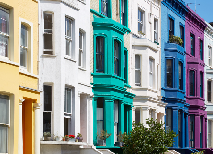 row of colourful terraced houses 