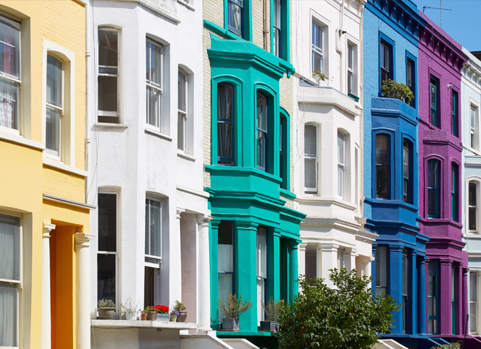 row of colourful terraced houses 