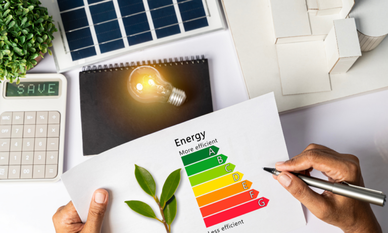 Landlord reviewing an EPC energy efficiency rating with solar panels and home models